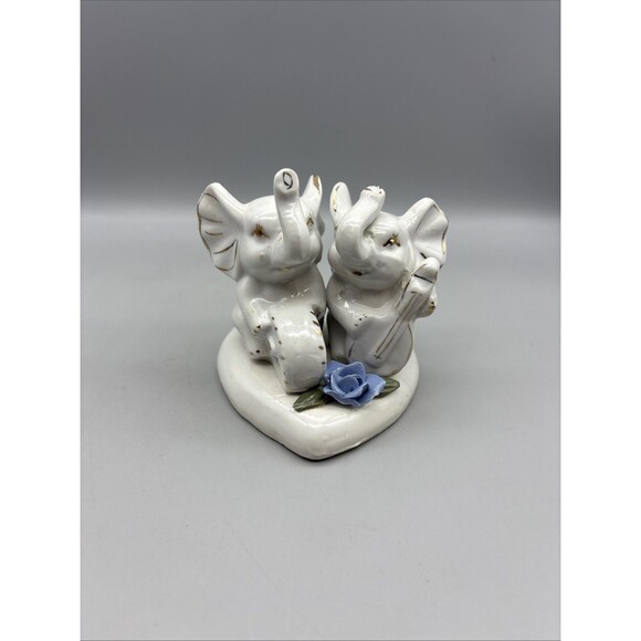 Vintage Ceramic Elephant White/Gold Glossy 4” Playing Instrument Rose Heart Base - Picture 1 of 8